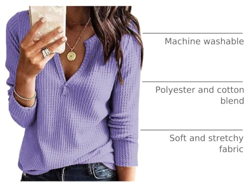 Image of Famulily Womens Long Sleeve Tshirt V Neck Loose Fit Soft Waffle Knit Thermal Tops