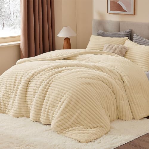 Image of BEDELITE Fleece Oversized Queen Comforter Set, Fluffy Bed Set, Beige | Super Soft & Warm Bedding, Luxury Fuzzy Faux Fur Comforter for Winter, Heavy Plush Bedding, with 2 Pillowcases