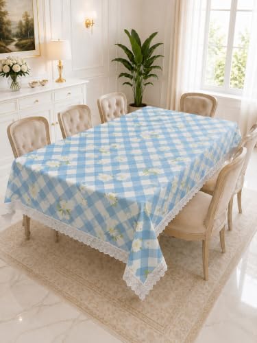 Image of Amazon Brand - Umi Cotton Tablecloth for 6-8 Seater Dining Table, Blue Gingham Check Daisy Floral Print Rectangular Table Cover with Lace Trim 4 Corners, Farmhouse Cottage Style Washable Table Linen