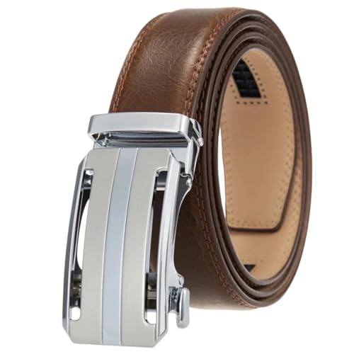 Men's 3.5Cm Wide Leather Belt With Ratchet Buckle For Formal And Casual Wear Tan Brown 125cm