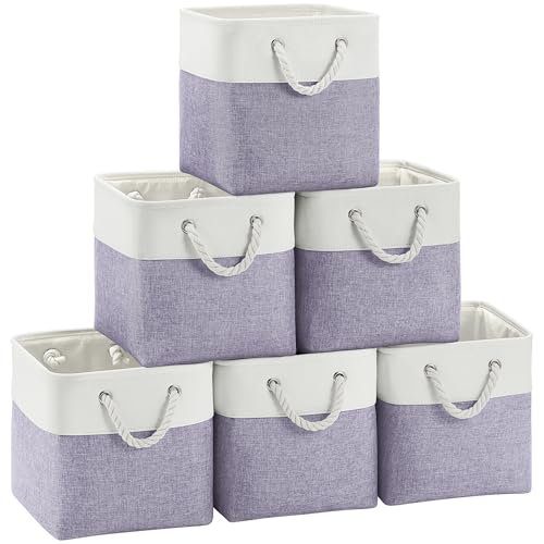 Image of FinishingBo Large 11x11 Inch Cube Storage Bins with Cotton Handles for Closet, Shelves, Clothes, Towel (White/Purple-6 Pack)