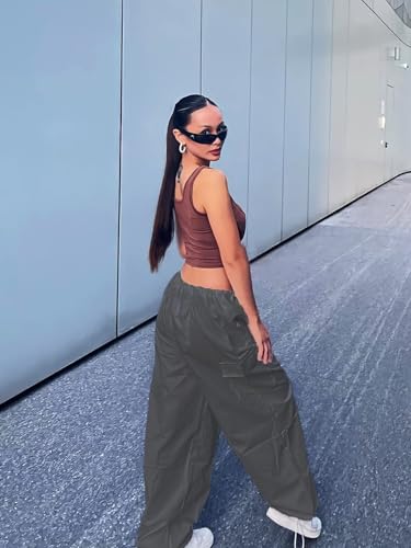 Xineicy Parachute Pants for Women Drawstring Baggy Cargo Pants Y2K Trouser Low Rised Jogger Sweatpants Loose Hip Hop A Grey - Thumbnail 6