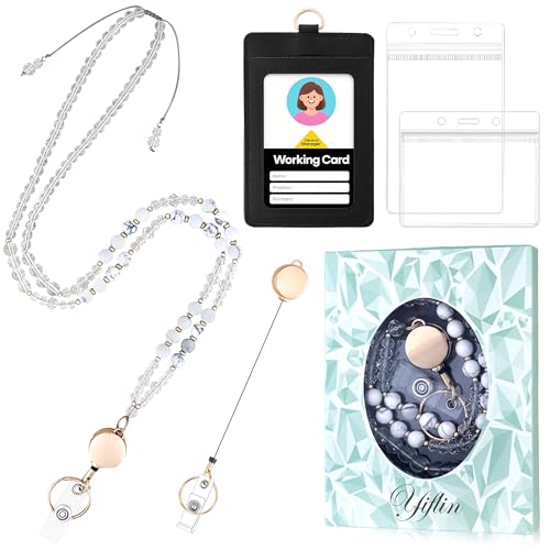 Image of Yiflin Natural Stone Crystal Lanyard with ID Badges for Keys, Retractable Teacher Neck Strap with PU Card Holder, Handicrafts for Women (White Turquoise)