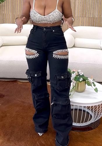 Ecirod Wide Leg Cargo Pants Woman Baggy Ripped Rhinestones Jeans Straight Leg High Waisted Denim Pants with Pockets3