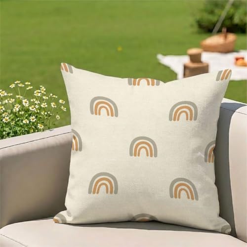 Image of Outdoor Cushion Covers Waterproof, Set of 1 Cushion Covers 35cm x 35cm (14 x 14 inch) Decorative Garden Cushions Pillow Cases for Patio Furniture, Sofa, Home Decoration (Beige & Rainbow) 3Z-927