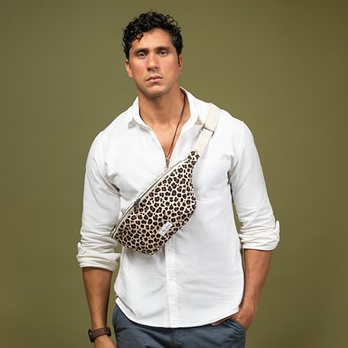 Image of The Peacock Crew Canvas Crossbody Sling Bag for Men & Women - Adjustable Strap, Dual Zippers Left /Right Handed, Secure Everyday Travel Fanny Pack Shoulder Pouch, Trekker Leopard, 14.5 x 6.3 x 3.6