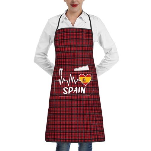 nopicsn Spain Heartbeat Apron for cooking with Pockets Women Men Kitchen Chef Funny Aprons