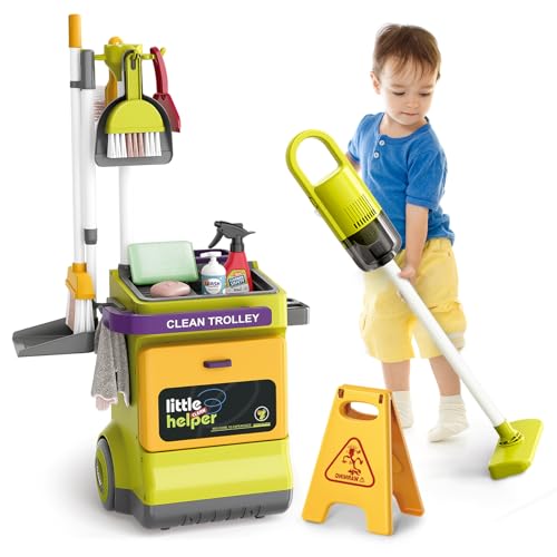 JONRRYIN Kids Cleaning Cart, Child Cleaning Set, Child Household Cart with Broom, Vacuum Cleaner for Children with Suction Function for 3 Years Olds+ (Yellow)