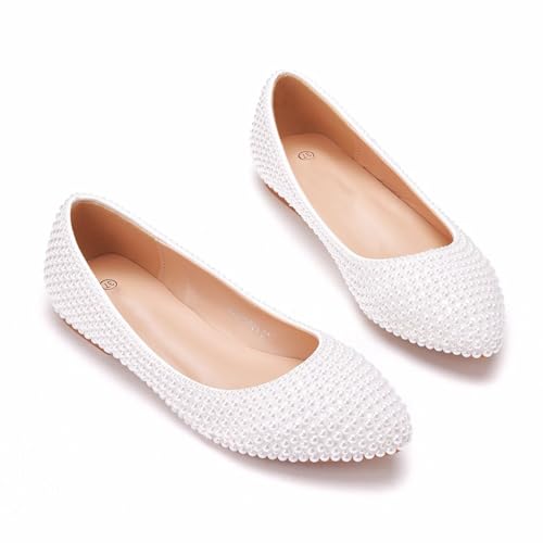 BGDTEFJDZ Women's Elegant Pointed Pearl Bridesmaids Shoes Ballet Flats,White,39