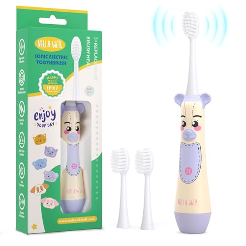 NELL&WELL Cepillo de dientes eléctrico para niños, temporizador de 2 minutos, 3 modos con memoria, impermeable IPX 7, cepillo de dientes para niños con 3 cabezales de cerdas suaves para niños y niñas
