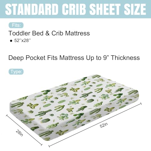 Image of Watercolor Green Cactus Baby Crib Sheet 52''x28'' Boho Cactus Leaves Stretchy Fitted Crib Mattress Cover for Boy Girl Wild Desert Plants Soft Baby Bed Sheets for Standard Crib and Toddler Mattress