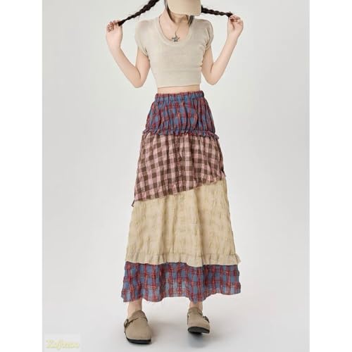 Boho Patchwork Midi Skirt Women's High Waisted Floral Print A-Line Vintage Cotton Skirt Elastic Waist Spring Summer3