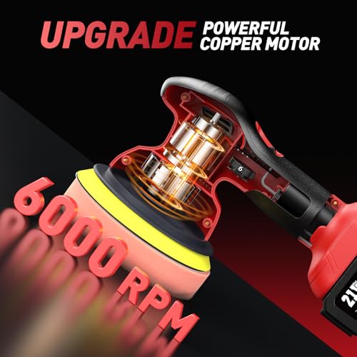 6 Inch Cordless Car Buffer Polisher: 2x4000mAh Batteries Car Buffer, Car Waxer Kit with 8 mm Orbit Block & 6 Speed Control (2500-6000 RPM) - for Car/Boat Detailing, Scratch Removal and Waxing