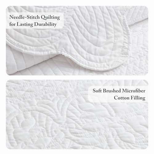 Madison Park King Quilt Set Damask Coverlet Set for King Size Bed, Cottage Oversized Quilt Set, Scallop Edge, All Season, Pre-washed Cotton-Filled King Size Quilt, Tuscany, King/Cal King White 3 Piece