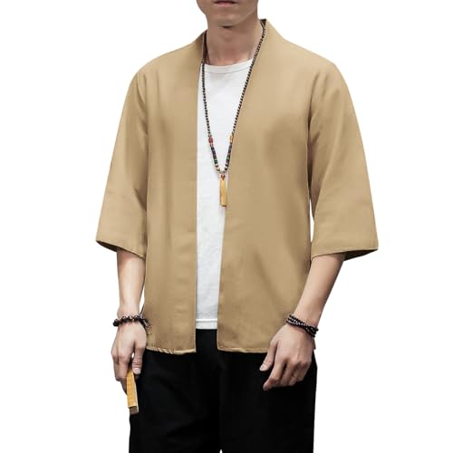 Image of PRIJOUHE Men's Kimono Jackets Cardigan Lightweight Casual Cotton Blends Linen Seven Sleeves Open Front Coat Outwear