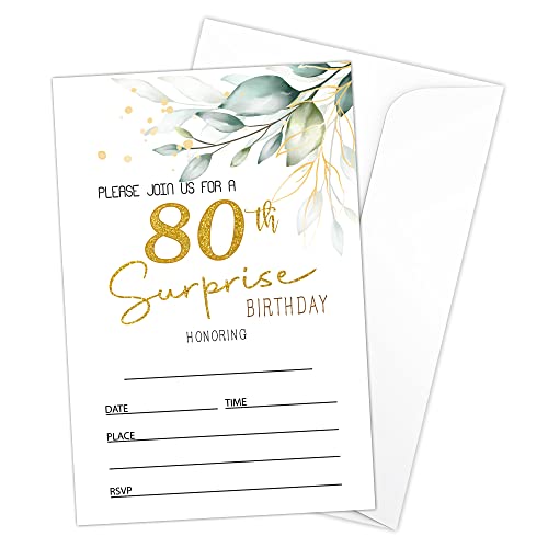 HOUSPEAK 80th Birthday Fill-in Invitations Cards with Envelopes (20 Count)?Greenery Surprise Birthday Party Supplies Decorations, Birthday invites for Woman/Man - B12