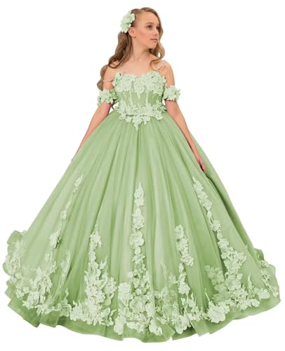 Off Shoulder Flower Girl Dress Tulle Appliques Pageant Dresses for Girls Long Prom Ball Gown for Kids
