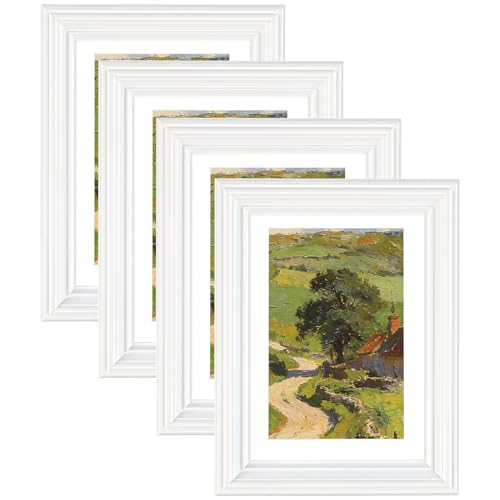 Image of eletecpro 5x7 White Picture Frames Set of 4, Vintage Photo Frames with Clear Acrylic Cover, Gallery Wall Art Display 4x6 Photo with Mat or 5x7 without Mat for Tabletop and Wall Mount, Home Decor
