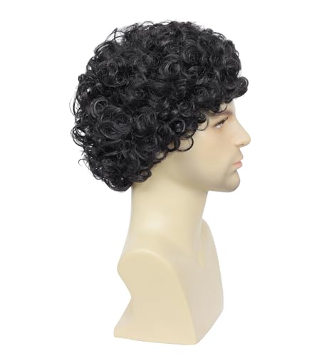 Image of Men's Short Disco Afro Curly Wig 70s 80s, Vintage Fluffy Kinky Curly Wig for Cosplay Halloween Party (Black)