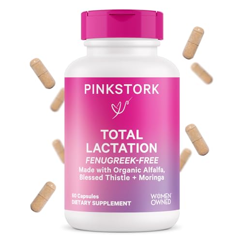 Image of Pink Stork Total Lactation Supplement Without Fenugreek, Support Breast Milk Supply with Organic Alfalfa & Milk Thistle, Postpartum Breastfeeding Essentials - 60 Capsules, 1 Month Supply
