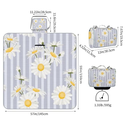 Shimoshe Picnic Blankets 57”x 59”, Striped Background Daisies Waterproof Sandproof Picnic Mat Lightweight Foldable Beach Blanket for Camping Park Grass Beach Outdoor Blanket