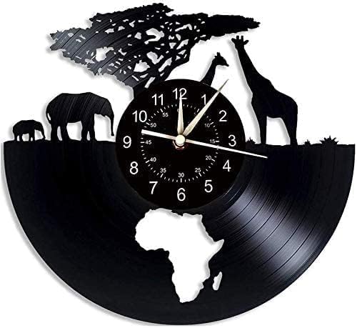 QianZhou-Uk Reloj de pared de vinilo africano, reloj de pared retro silencioso de animales de safari, regalos de animales sudafricanos, decoración
