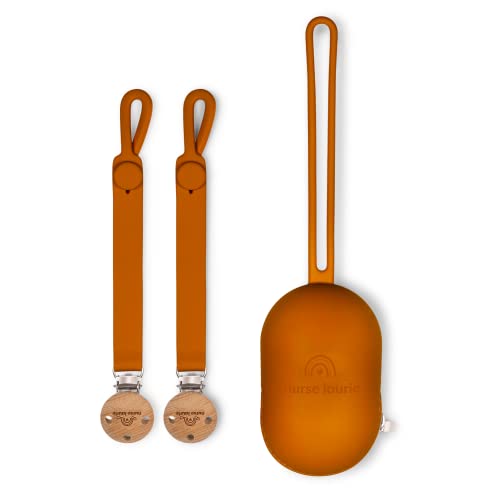 Image of Nurse Laurie Silicone Pacifier Holder Clip Combo Pack, 2 Pacifiers Clips & Baby Pacifier Holder for Easy Pacifier Storage, Wooden Pacifier Clip Cover, Unisex Paci Clips Baby Girl & Boy, BPA-Free