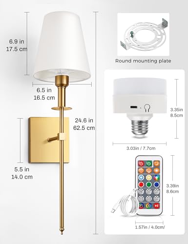 Image of DORESshop Battery Operated Wall Sconce Set of 2, Gold Rechargeable Wall Lights Remote, Sconce Wall Decor Set of 2, 7 Colors Wireless Sconces for Bedroom Living Room Hallway