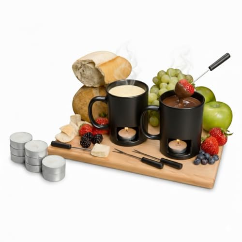 Evelots Fondue Pot Set for Chocolate, Cheese, Candy (2 Pack) Mini Ceramic Fondue Mugs Gift Set with 4 Forks & 8 Candles - Great for Date Night Birthday & Wedding Gifts – Black