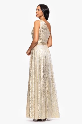 Image of Betsy & Adam Women's Floor-Length, One-Shoulder, Wrap, Foil, Floral Gown, Champagne /Gold, 8