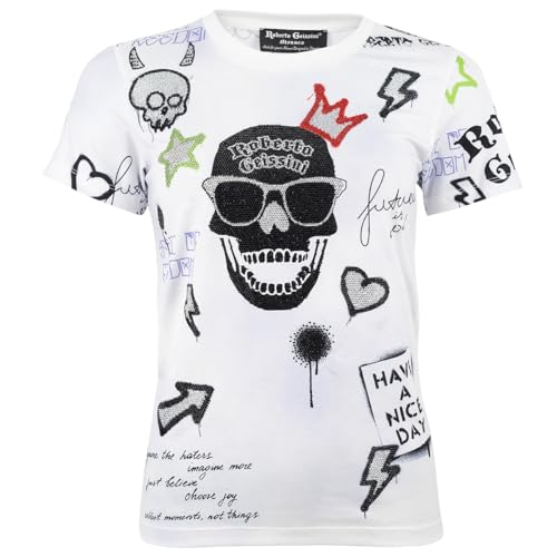 Spirit T-Shirt Weiß Glamouröses Statement mit buntem Totenkopf-Design und Strass-Details