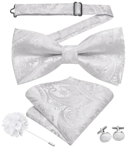 Image of Hi-Tie Bow Tie Men Pre Tied Bowtie Pocket Square Cufflinks Lapel Pin Formal Wedding Bow Ties for Men Party Tuxedo Bowtie Set,White Paisley Floral