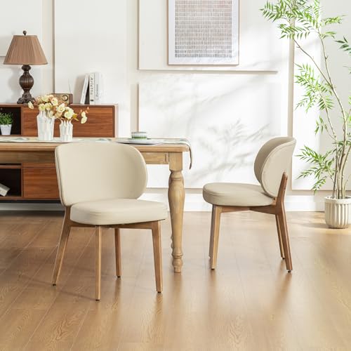 Image of YOUNIKE Dining Chairs Set of 4 Modern Kitchen Dining Room Chairs Khaki | Faux Leather Upholstered Armless Side Accent Chair with Back Wide Padded Seat Wooden Leg, Soft, Waterproof, Comfortable