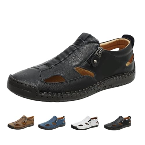 Mens Closed Toe Leather Sandals For Men Leather Fisherman Sandals Slip-On, Side Zipper for Summer Driving, Walking, Hiking, Outdoor Use