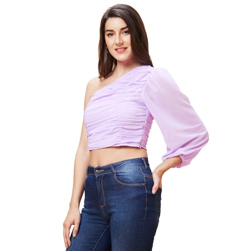 Image of Globus Women Lavender Solid One Shoulder Pleated Party Crop Top-3638307003