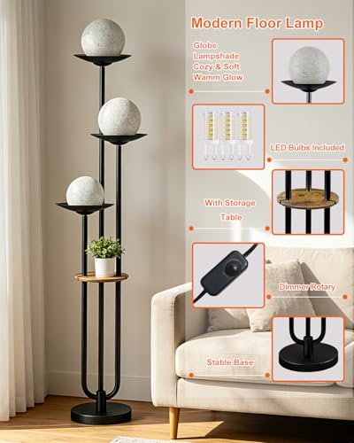 Image of Lightdot Globe Floor Lamp with Shelf 3-Lights Modern Dimmable Floor Lamps for Wedding /Party, 3000K Warm White Bulbs Included, Black Tall Standing Lamp with Grey Shade for Living Room /Bedroom