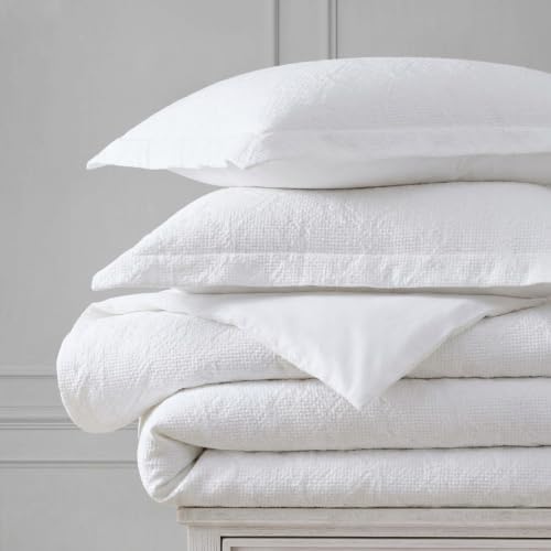Image of Martha Stewart - King Comforter Set, Naturally Soft Cotton-Rich Jacquard Bedding w /Matching Pillowcases, Textured 3 Piece Bed Set (Garden Trellis White)