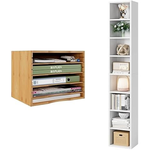 Bamjoy Bamboo 5 Tier Desktop Organizer and 71 Inches Tall Narrow Bookshelf Cover