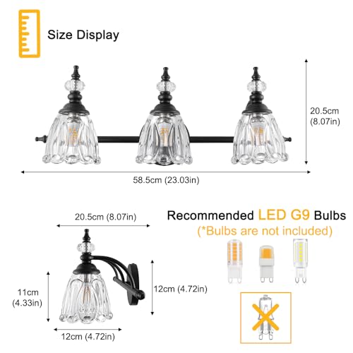 Image of Matte Black Bathroom Vanity Light, Farmhouse Bathroom Light Fixtures Over Mirror, 3 Light Vanity Lighting Fixtures, Flower Glass Shade Wall Sconce Lighting