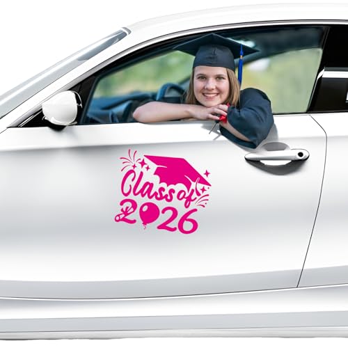 Image of 2x Class of 2026 Car Sticker & Graduation Hat Sticker Removable Graduate Decal 8 inchx 7.1 inch Waterproof Vinyl Decals Arts & Crafts for Graduation Party Decorations (Neon Pink)