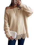 Saodimallsu Womens Lace Patchwork Sweater Long Sleeve Boat Neck Pullovers