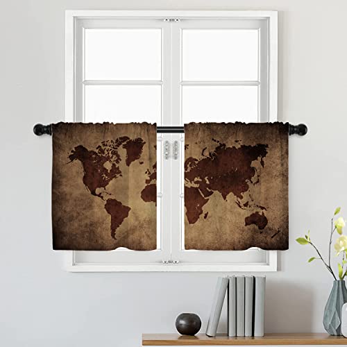 Batmerry Map Outline Brown Tier Curtains,World Kids Paintings Halloween Black Window Treatment Short Kitchen Curtain Multilayer Polyester Blackout for Living Room/Bathroom, 2 Pack 26x24 inches
