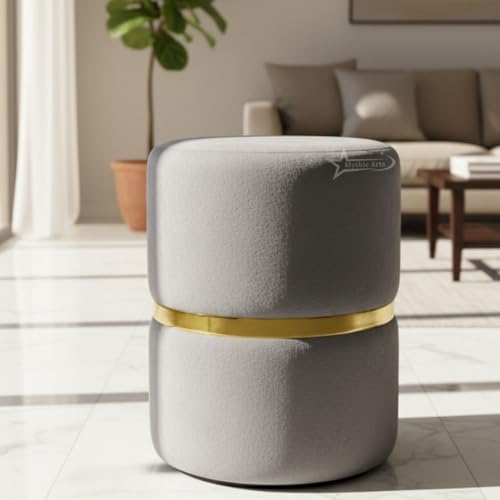 Image of Round Single Strip Upholstered Stool Living Room Foot Rest Linen Fabric Padded Seat Pouf Ottoman Office Stool Grey
