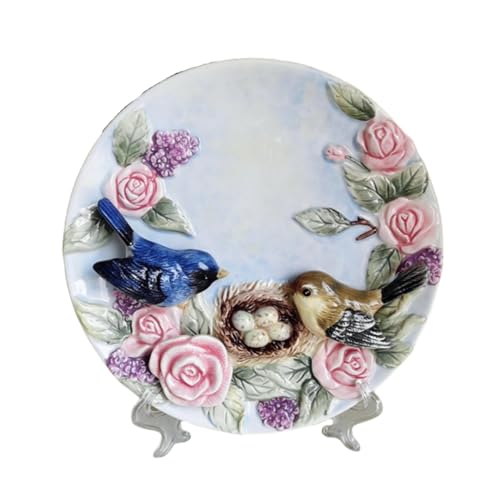 Minigift Ceramic Collections Plate, 3D Hand Painted Pink Roses, Birds, Bird Nest Decorative Tray with Display Stand -8