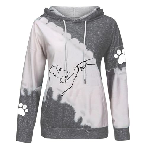 Generisch Sweatjacke Damen Mit Damen, süßes Hundemotiv, Fauststoß-Grafik, langärmelig, Übergröße, Kapuzenpullover mit Taschen Weiße Flauschige (Grey, L)