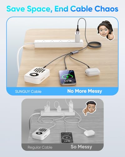 SUNGUY USB C Câble 5FT/1,5M, 3 en 1 Cord multichargeur QC3.0 USB à USB-C Câble avec 3 Ports de type C Nylon tressé pour i-Phone 17/16/15 Series, Galaxy S25 S24, Huawei, Google, Honneur, LG, Comprimés
