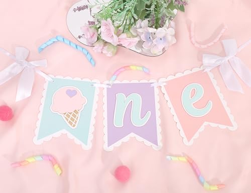 Ice Cream 1st Birthday High Chair Banner - Ice Cream One Party Banner for Girl, Summer First Birthday Party Decorations, Sweet One Cake Smash Party Supplies, Hanging Banner Photo Props