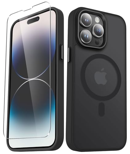 Image of YENAPOON for iPhone 14 Pro Case, Matte Magnetic Phone Case, Black | Fit for Magsafe, Screen Protector Included, Translucent Frosted Slim Shockproof Protective Cover