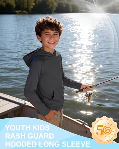 Image of Boys Rash Guard Hoodie UPF 50+ Long Sleeve Sun Protection Swim Shirt