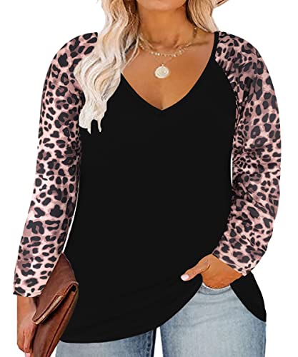 Image of TIYOMI Plus Size Tops for Women Raglan Long Sleeve V Neck T Shirts Casual Color Block Leopard /Floral Tops Winter Tee Shirt